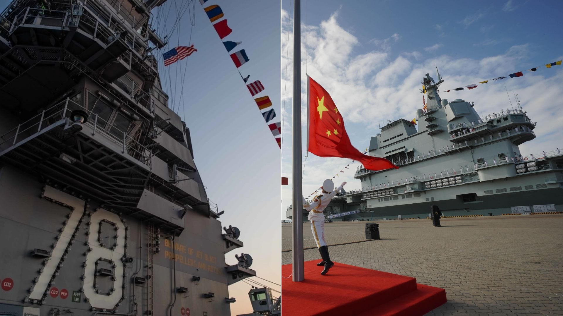 Ein zusammengesetztes Bild zeigt die amerikanische Flagge, die nahe der Brücke des ersten Flugzeugträgers seiner Klasse der US-Marine, USS Gerald R. Ford, weht, und die chinesische Flagge, die nahe dem chinesischen Flugzeugträger Shandong weht.