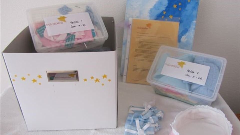 A cardboard box with a plastic box in it and next to it with nibbles and baby clothes. 