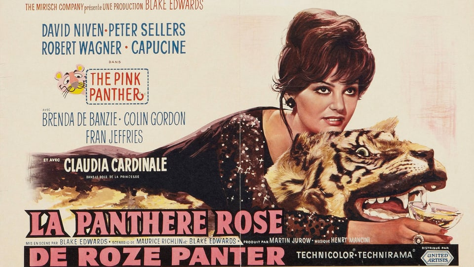 Movie poster for the 1963 film Pink Panther, featuring a woman hugging a stuffed tiger