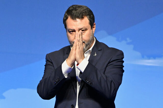 Italian Deputy Prime Minister and leader of the Italian far-right party 'Lega', Matteo Salvini, during a rally of Identity and Democracy (ID), a far-right right-wing group at the European Parliament, in Rome, March 23, 2024. 