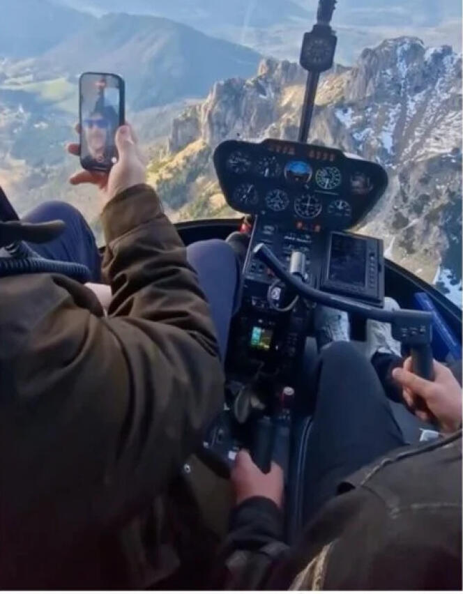 Image taken from a video posted on social networks showing Filip Kuffa filming himself aboard a helicopter flying over Mala Fatra National Park (Slovakia) at a much too low altitude, on April 5, 2024.