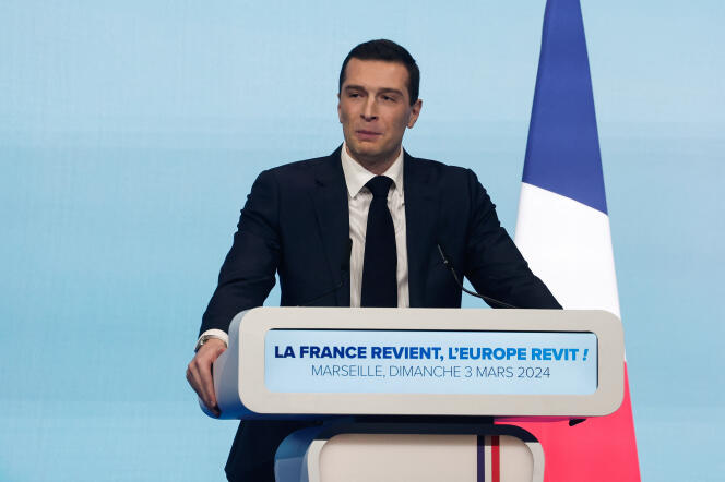 The president of the National Rally, Jordan Bardella, during the meeting to launch his campaign for the European elections, in Marseille, March 3, 2024.