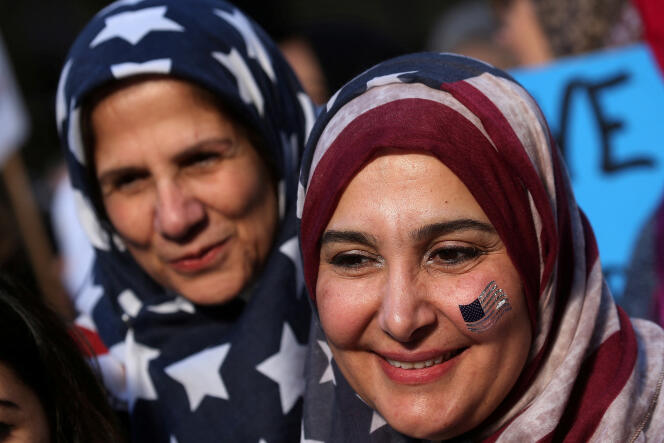 Women with American flag hijabs during a protest in Times Square in New York on February 19, 2017.