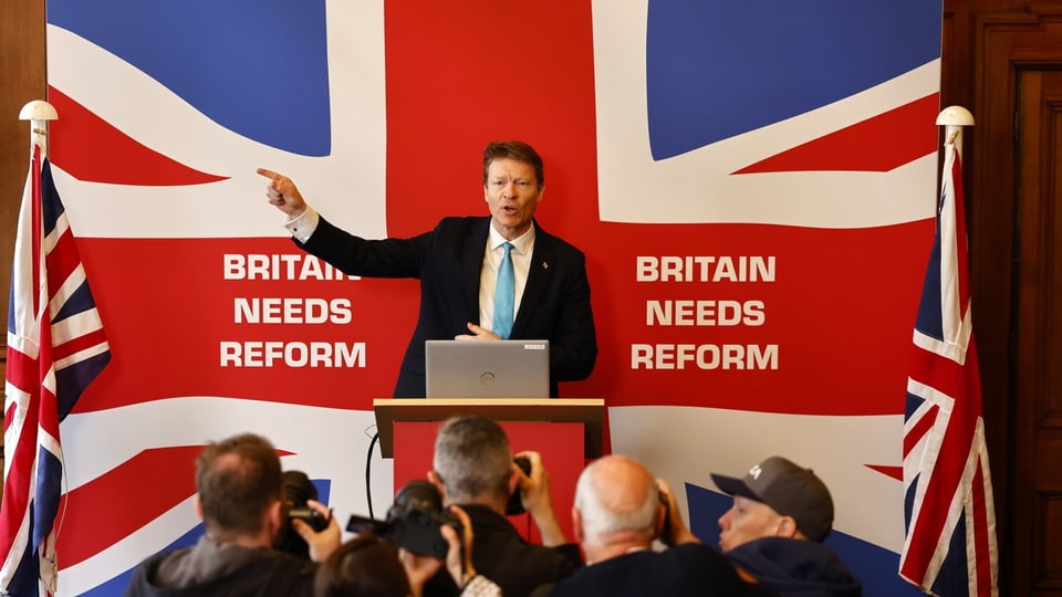 Richard Tice, leader of the Reform Party, speaks at a press conference.