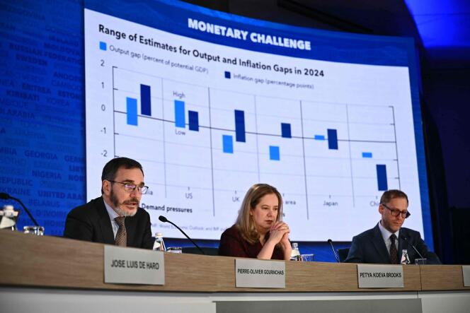 The IMF releases its global economic forecast during its spring meetings with the World Bank Group, at IMF headquarters in Washington, DC, on April 16, 2024. 