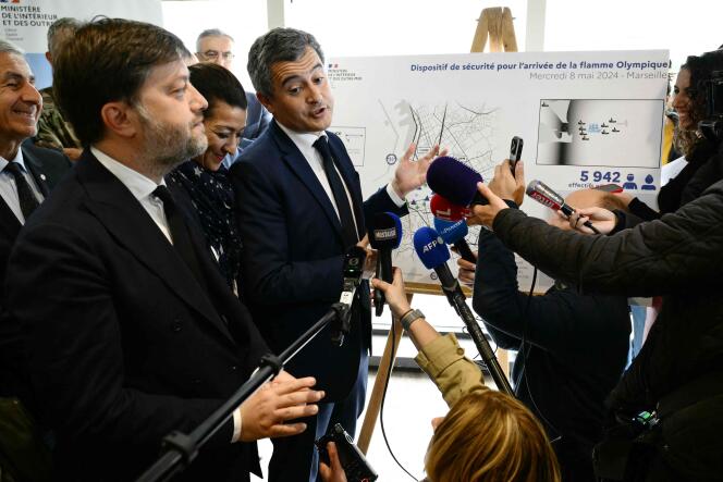 Benoît Payan (left), mayor of Marseille, and Gérald Darmanin, minister of the interior, in Marseille, April 26, 2024. 