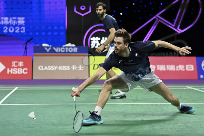 Badminton players Lucas Corvée (foreground) and Ronan Labar during a competition in China, May 17, 2023.