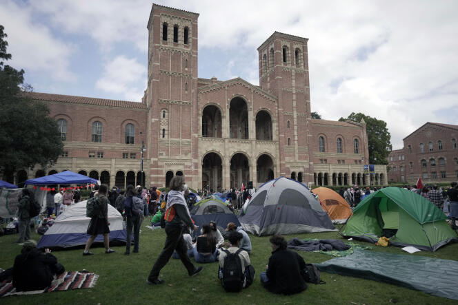 On the campus of the University of California at Los Angeles, more than two hundred students set up a mini-village of around thirty tents barricaded by pallets and signs, on April 25, 2024.