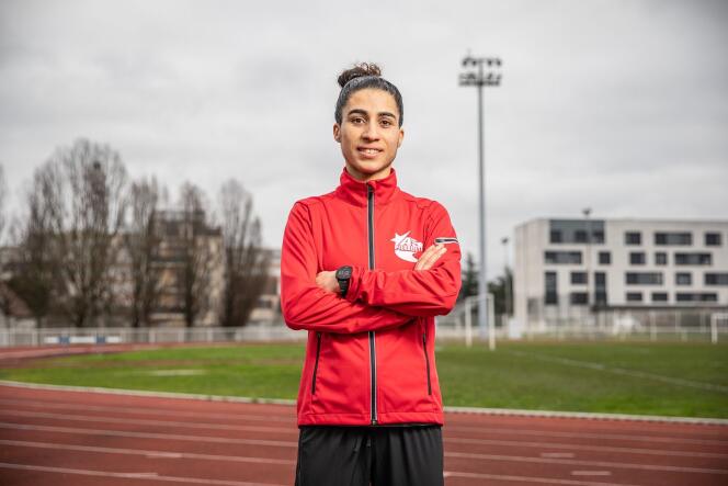Fatima Charkaoui at the Roger-Fréville athletic complex, in Pierrefitte-sur-Seine (Seine-Saint-Denis), in March 2024.
