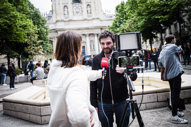 Samuel Lejoyeux, president of the Union of Jewish Students of France (UEJF), responds to a television journalist, in Paris, May 3, 2024.