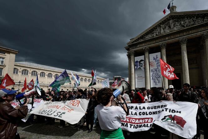 People gather during a demonstration by students from several universities in support of the Palestinian people, in Paris, May 2, 2024. 