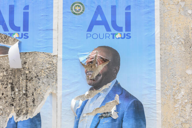 A campaign poster of former Gabonese president Ali Bongo Ondimba, in Libreville, September 2023.