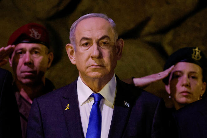Israeli Prime Minister Benjamin Netanyahu at Yad Vashem, the International Institute for the Remembrance of the Shoah, in Jerusalem, May 6, 2024.