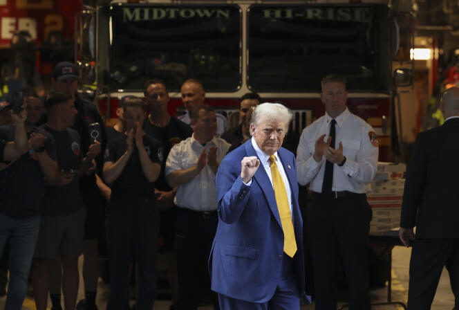 Donald Trump campaigning in a New York fire station, May 2, 2024.