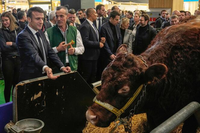French President Emmanuel Macron during the opening of the 60th International Agricultural Show, at the Porte de Versailles exhibition center, in Paris, February 24, 2024.