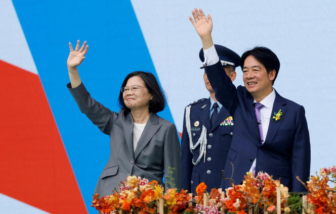 Former Taiwanese President Tsai Ing-wen and her successor, Lai Ching-te, on May 20, 2024 in Taipei.