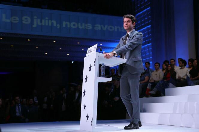 Prime Minister Gabriel Attal delivers a speech during a meeting of the presidential camp for the next European elections at the Maison de la Mutualité in Paris, May 7, 2024.