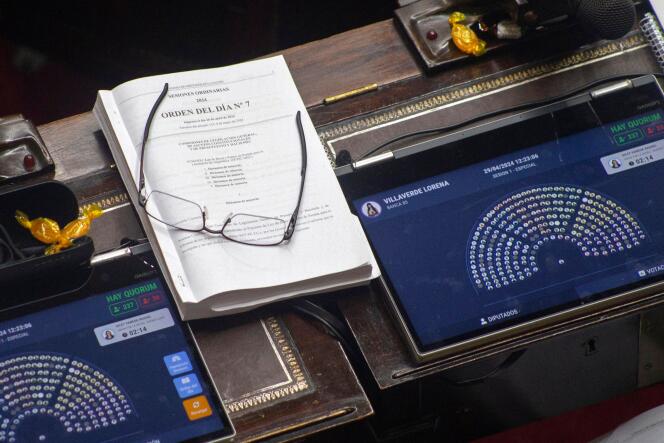 A copy of the reform project of President Javier Milei, during his debate in the Chamber of Deputies, at the National Congress in Buenos Aires, April 30, 2024. 