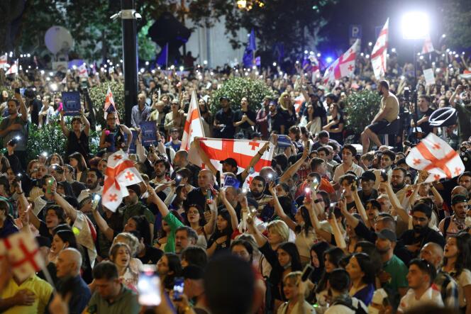 Protesters gather in front of the Parliament in Tbilisi, Georgia, May 1, 2024.