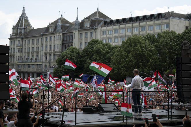 Opponent Peter Magyar, during an anti-Orban rally in Debrecen, May 5, 2024 in Hungary.