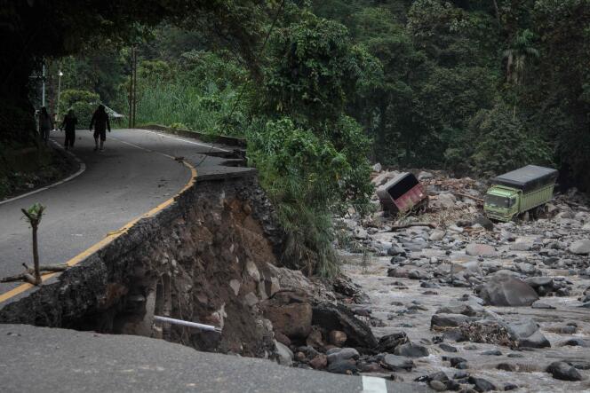 A road damaged by flash floods and cold lava flows from Mount Marapi, a volcano in west Sumatra island, Indonesia, May 12, 2024. 