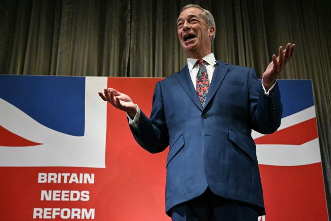 Honorary chairman of the far-right Reform UK party, Nigel Farage, during a campaign meeting, May 30, 2024, ahead of the July 4 British general election.
