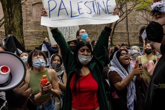 Pro-Palestinian protesters gather on Fordham University's Lincoln Center campus on May 1, 2024, in New York. 