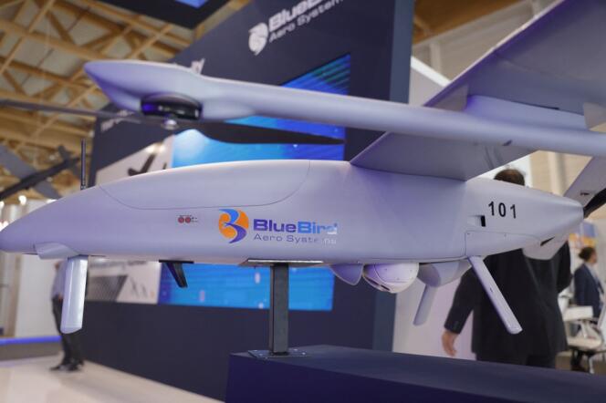 A WanderB-VTOL drone from the Israeli company BlueBird Aero Systems at the Le Bourget International Air Show (Seine-Saint-Denis), in June 2023. 