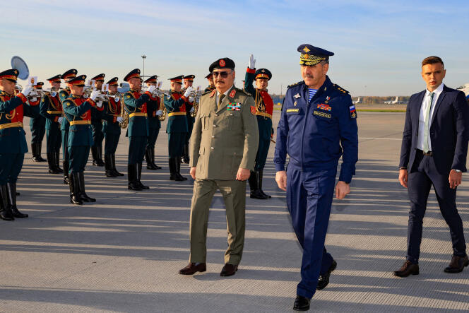 Marshal Khalifa Haftar (center) welcomed on a Moscow military base by Russian Deputy Defense Minister Yunous-bek Evkourov (in blue), September 26, 2023. 