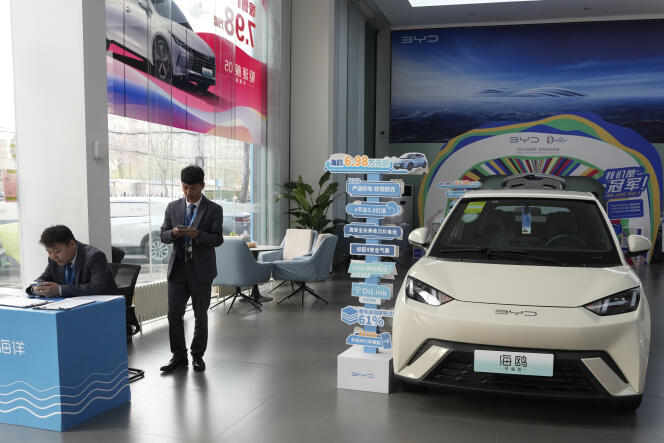 A showroom, in Beijing, of the Chinese automobile manufacturer BYD, April 10, 2024. 