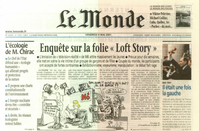 The front page of “Le Monde” dated May 4, 2001, on the ““Loft Story” madness”.