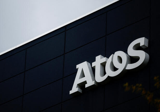 The logo of the French multinational information technology company Atos, in Nantes, April 22, 2024.