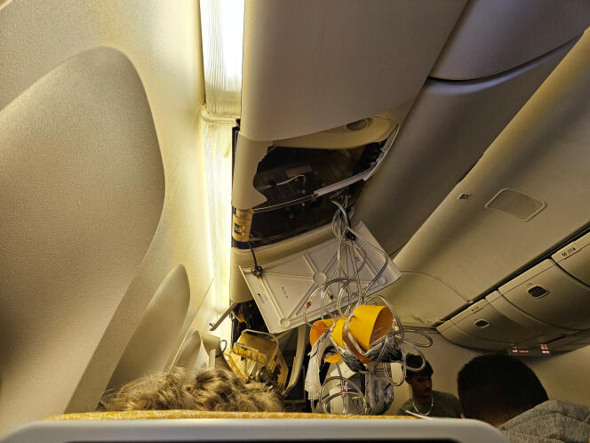 The interior of Singapore Airline flight SQ321, after an emergency landing at Suvarnabhumi International Airport in Bangkok, Thailand, on May 21, 2024.