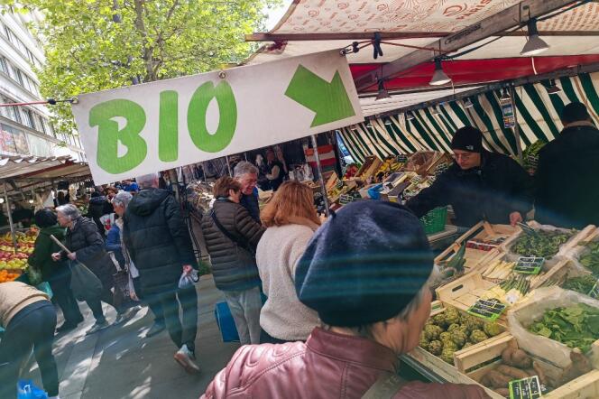 Organic products on sale at a market in the 14th arrondissement of Paris, April 21, 2024. 