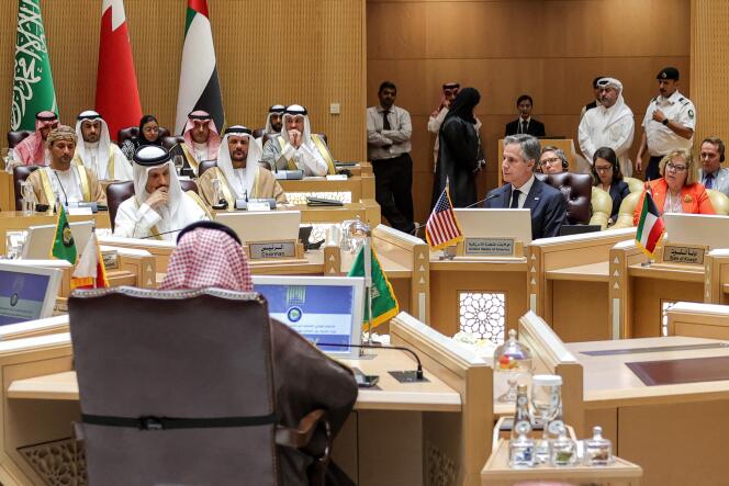 US Secretary of State Antony Blinken (center) during a joint ministerial meeting between the Gulf Cooperation Council and the United States on the humanitarian situation in Gaza, in Riyadh, April 29, 2024.  