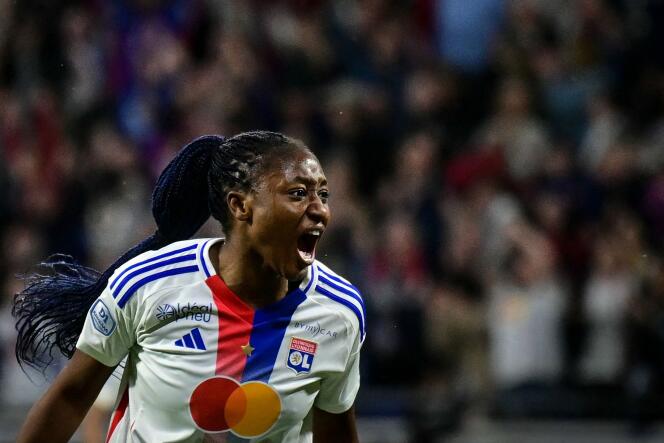 OL player Kadidiatou Diani after her goal against PSG, her former team, in the final of the French championship, at Groupama Stadium, in Décines-Charpieu (Rhône), on May 17, 2024.