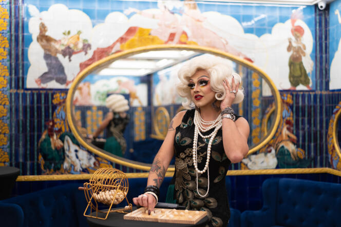 Drag queen Minima Gesté at the Belles Poules cabaret, in Paris, October 29, 2021.