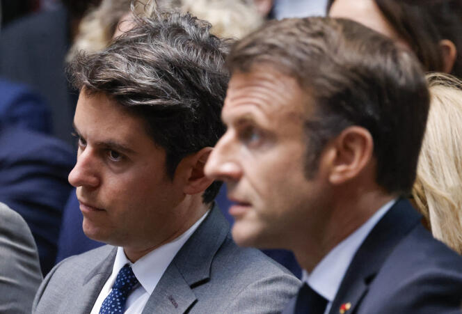   Gabriel Attal and Emmanuel Macron, in Paris, April 15, 2024.