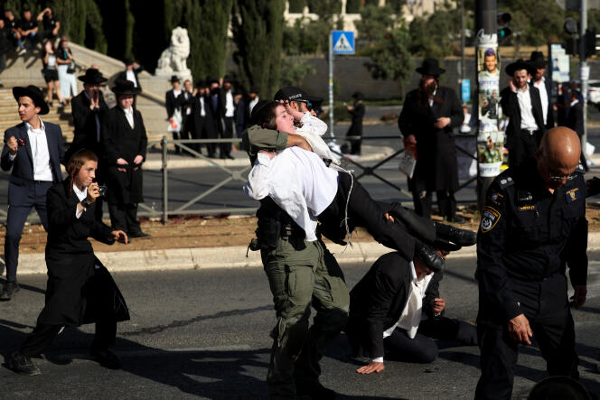 During a demonstration against a law that could end the military exemption of the ultra-Orthodox, near the Knesset, in Jerusalem, June 2, 2024.