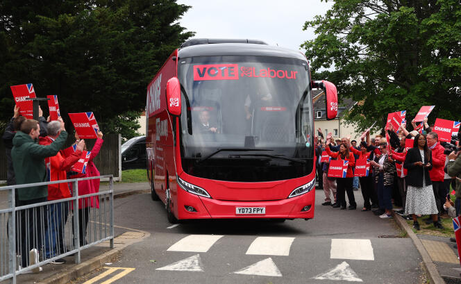The British Labor Party election campaign “battle bus” on June 1 in Uxbridge, England. 