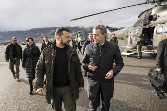 Ukrainian President Volodymyr Zelensky (left) greeted by Swiss Foreign Minister Ignazio Cassis upon his arrival at Bern airport (Switzerland), January 15, 2024.